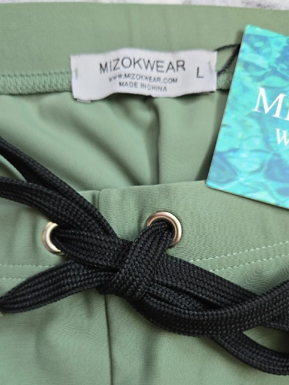 Men's Olive Green Swim Trunks with Black Drawstring